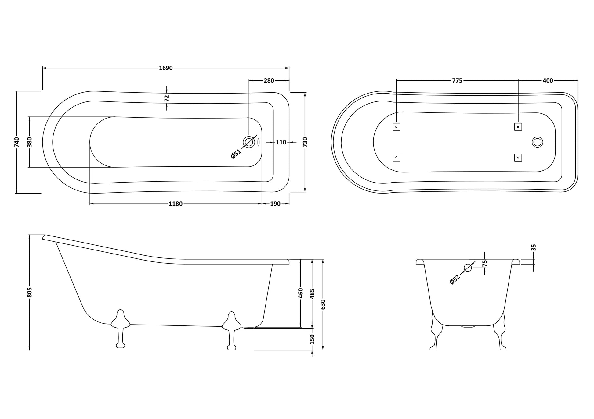 Hudson Reed 1690mm Freestanding Bath With Pride Legs