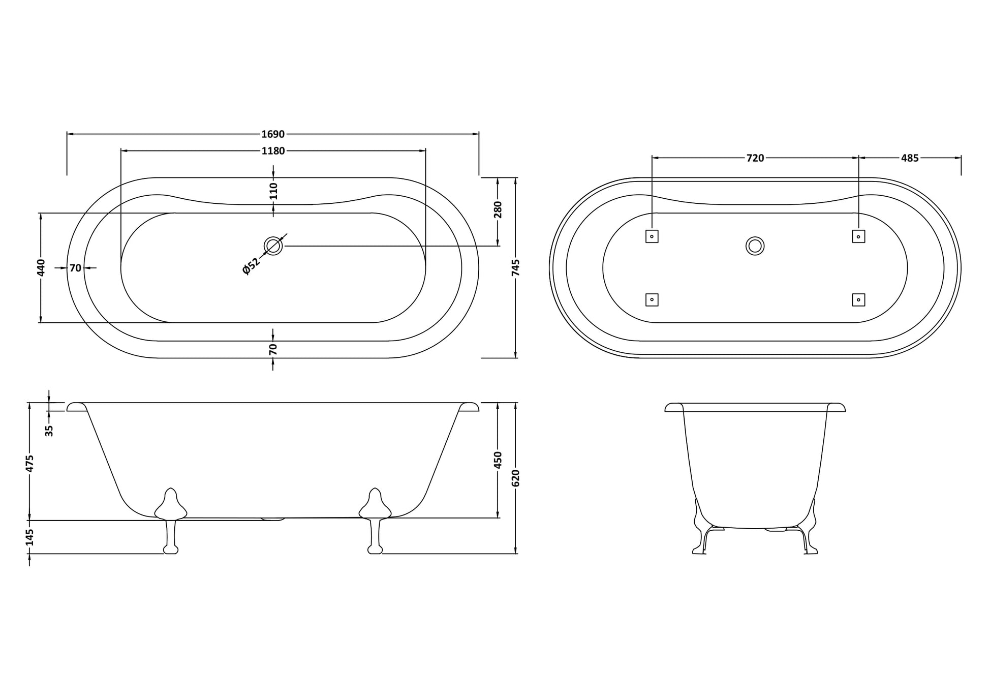 Hudson Reed 1690mm Freestanding Bath With Pride Legs