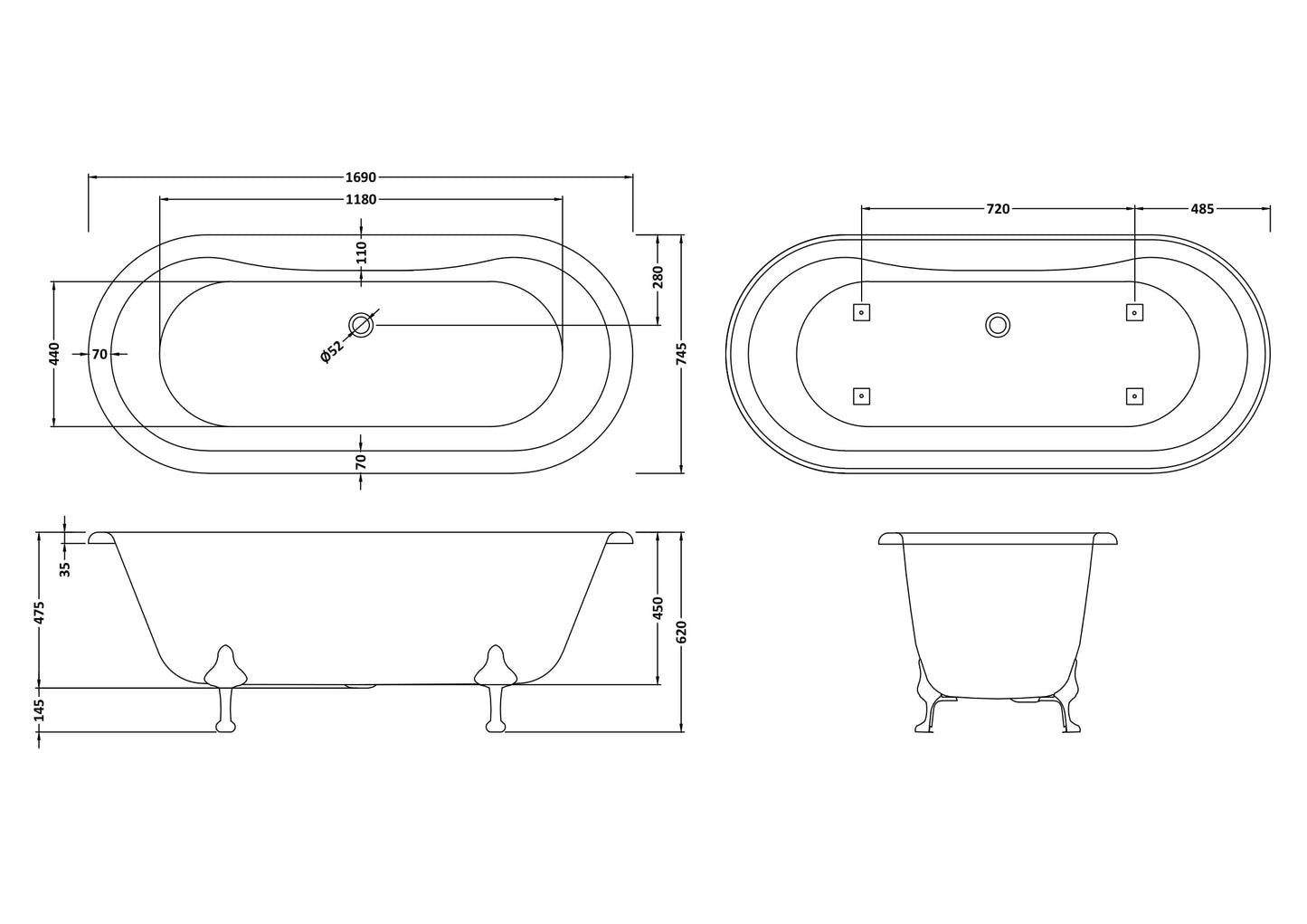Hudson Reed 1690mm Freestanding Bath With Deacon Legs