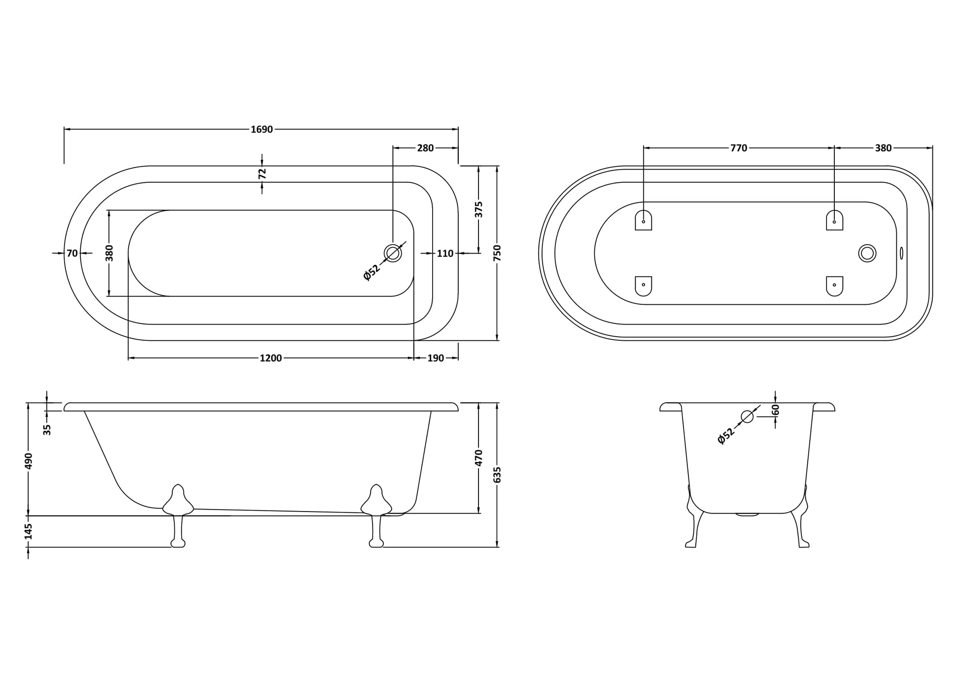 Hudson Reed 1690mm Freestanding Bath With Pride Legs