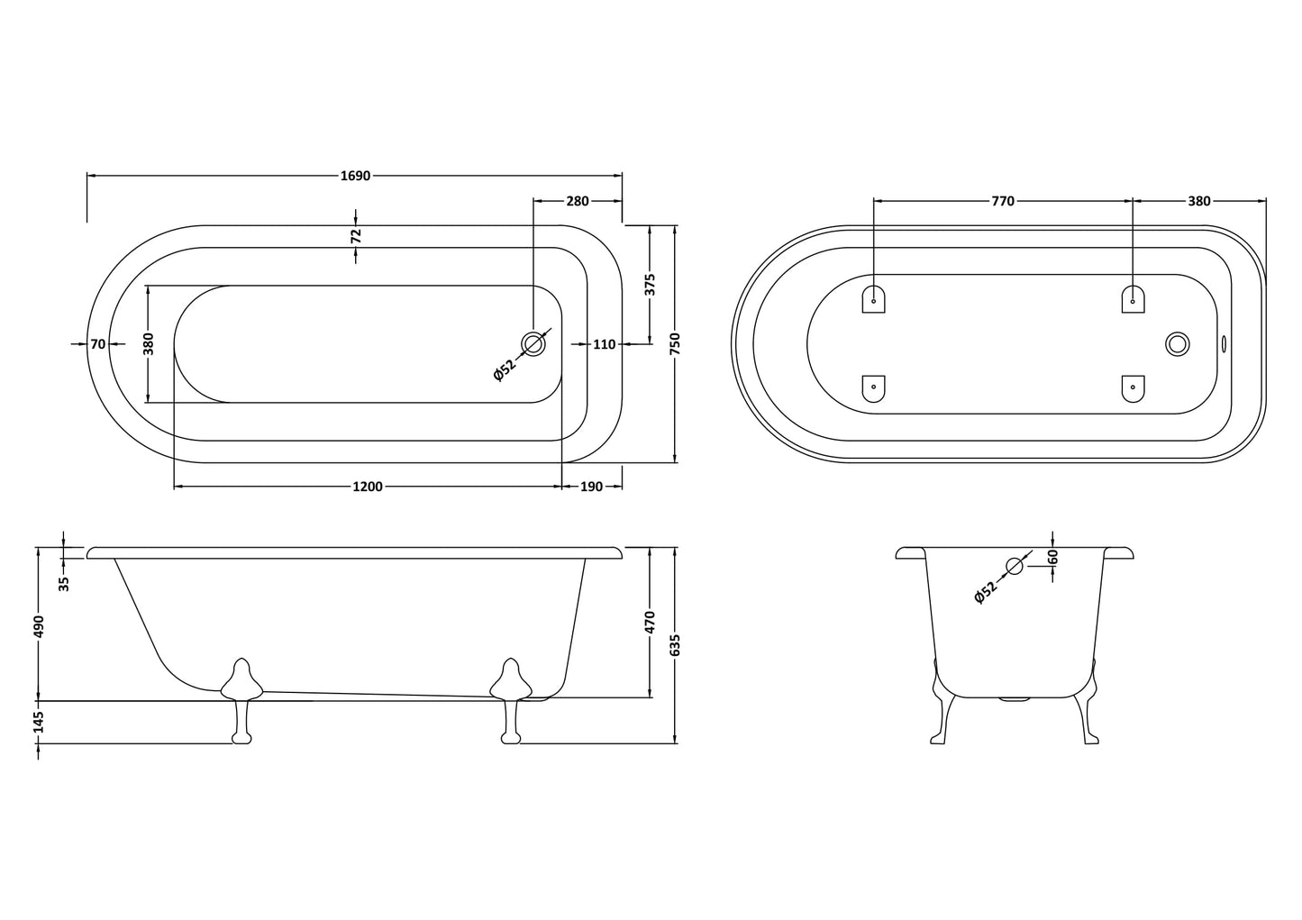 Hudson Reed 1690mm Freestanding Bath With Deacon Legs