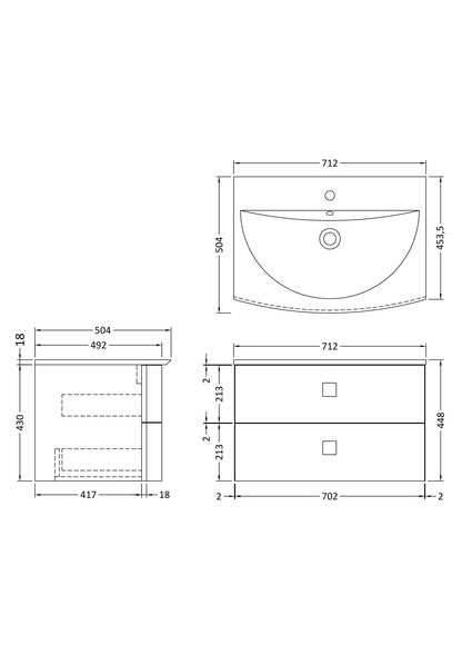 Hudson Reed Sarenna 700mm Mineral Blue Wall Hung 2 Drawer Vanity Unit With Polymarble Basin