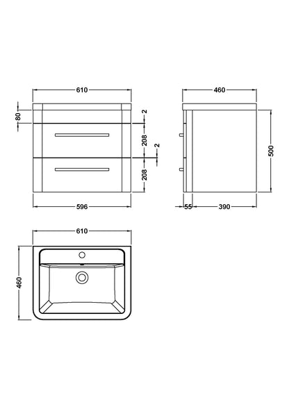 Hudson Reed Solar 600mm Wall Hung 2 Drawer Vanity Unit With Ceramic Basin