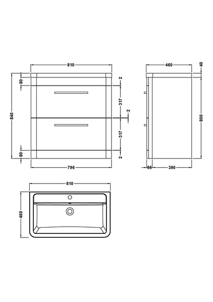 Hudson Reed Solar 800mm Indigo Blue Floor Standing 2 Drawer Vanity Unit With Ceramic Basin