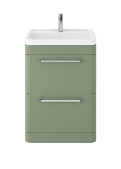 Hudson Reed Solar 600mm Fern Green Floor Standing 2-Drawer Vanity Unit With Polymarble 1 Tap Hole Basin