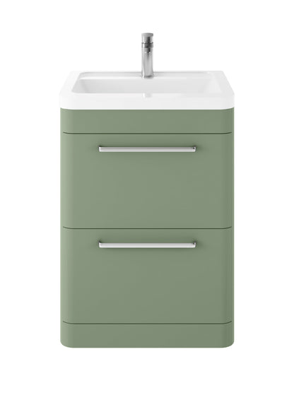 Hudson Reed Solar 600mm Fern Green Floor Standing 2-Drawer Vanity Unit With 1 Tap Hole Ceramic Basin