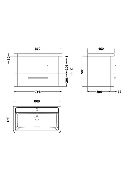 Hudson Reed Solar 800mm Fern Green Wall Hung 2-Drawer Vanity Unit with Ceramic 1 Tap Hole Basin