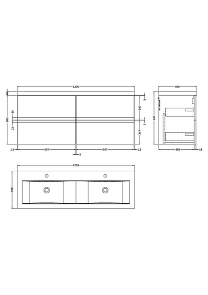 Hudson Reed Urban 1200mm 4 Drawer Wall Hung Vanity Unit With Double Ceramic Basin
