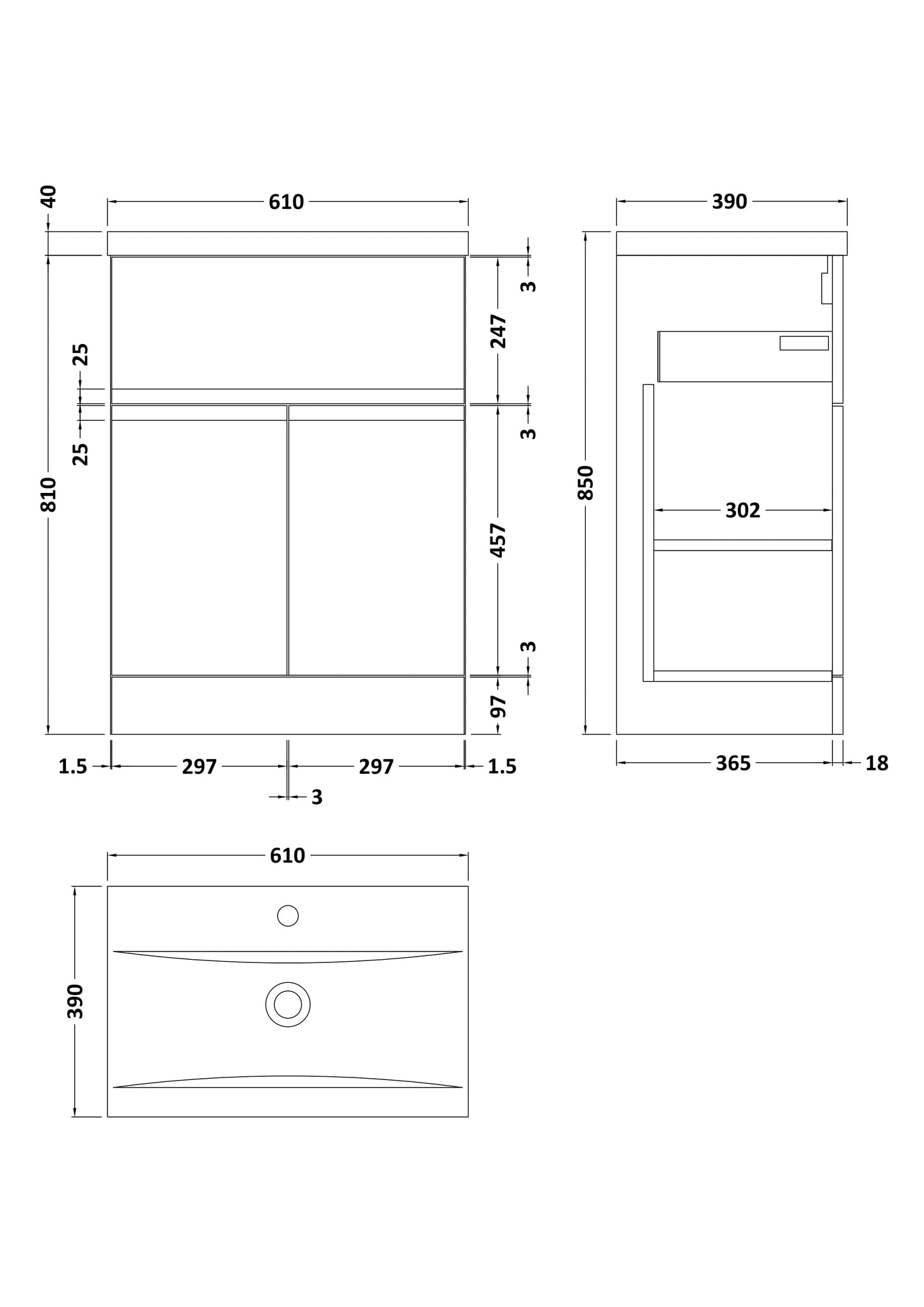 Urban Floor Standing 2 Door 1 Drawer Vanity Unit with Mid-Edge Basin 600mm