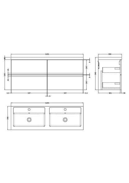 Hudson Reed Urban 1200mm Wall Hung 4-Drawer Vanity Unit With Double Polymarble Basin