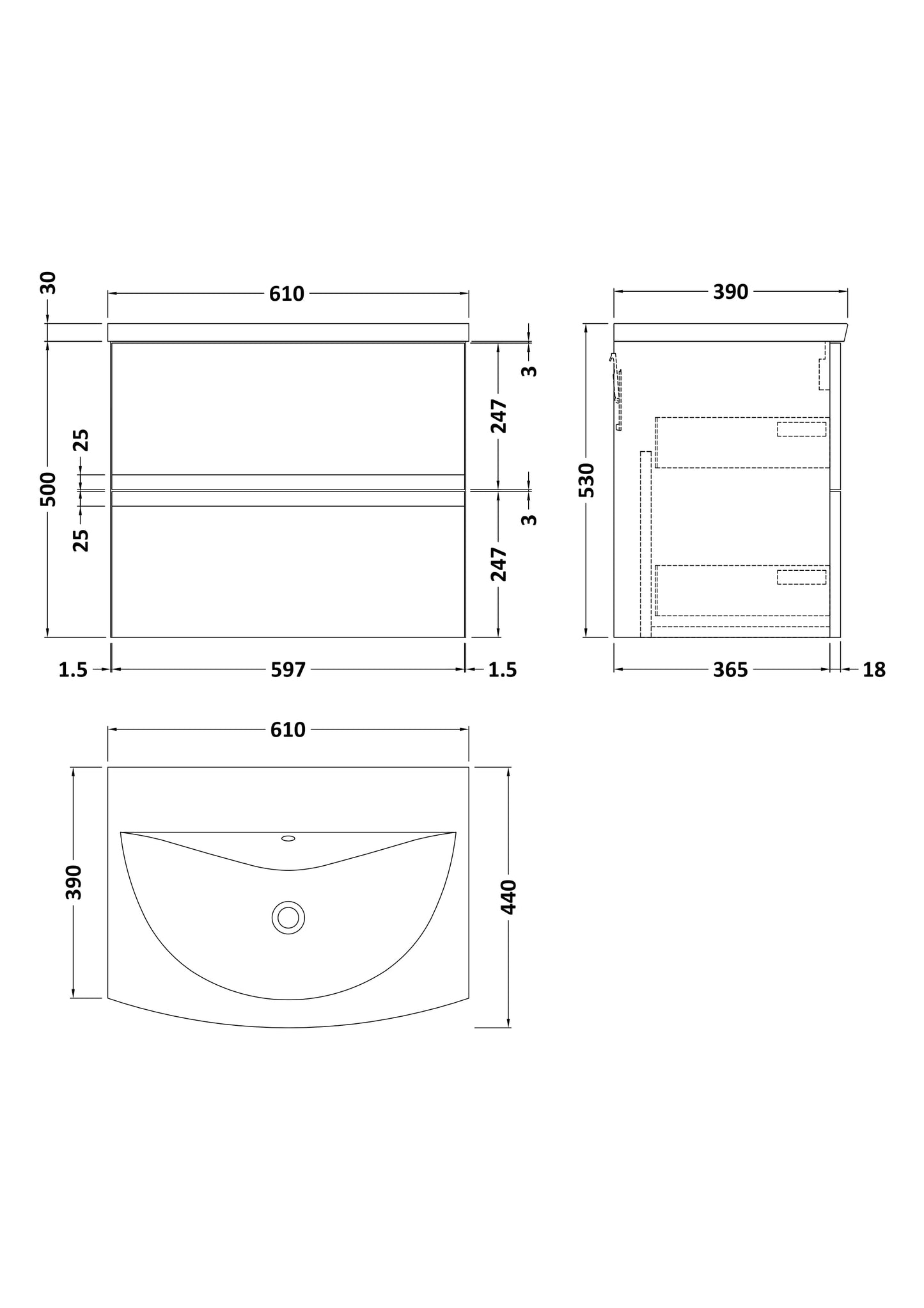 Hudson Reed Urban 600mm Satin Grey Wall Hung 2 Drawer Vanity Unit With Curved Basin