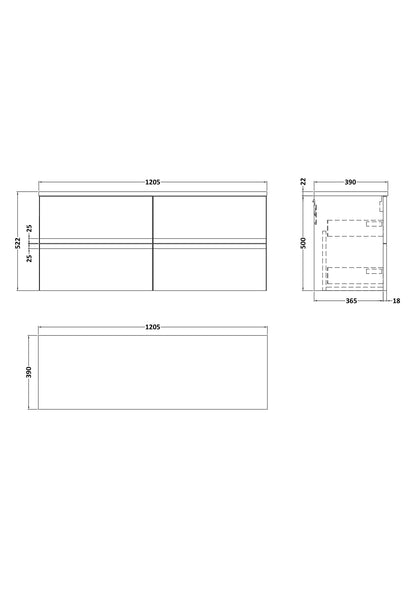 Hudson Reed Urban 1205mm Satin Grey Wall Hung 4-Drawer Vanity Unit With Laminate Worktop