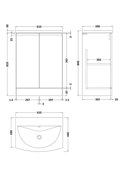 Hudson Reed Urban 600mm Satin Grey Floor Standing 2 Door Vanity Unit With Curved Basin