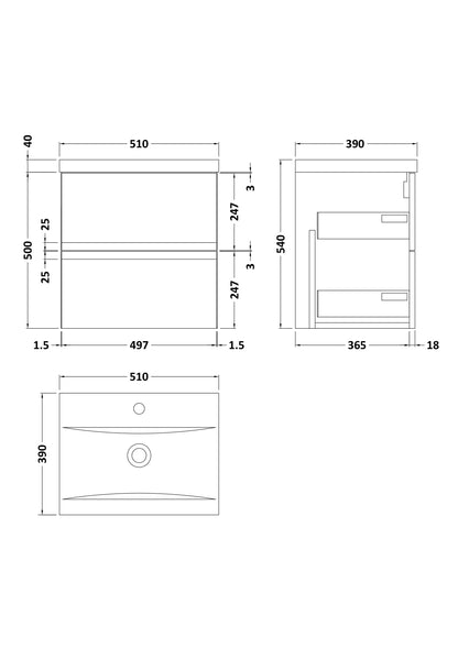 Hudson Reed Urban 500mm Wall Hung 2 Drawer Vanity Unit with Basin