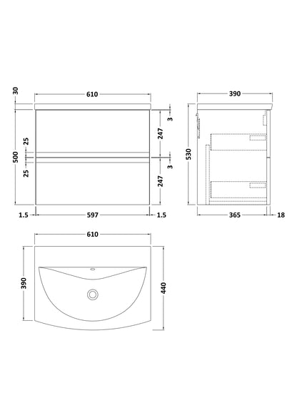 Hudson Reed Urban 600mm Wall Hung 2 Drawer Vanity Unit with Curved Basin