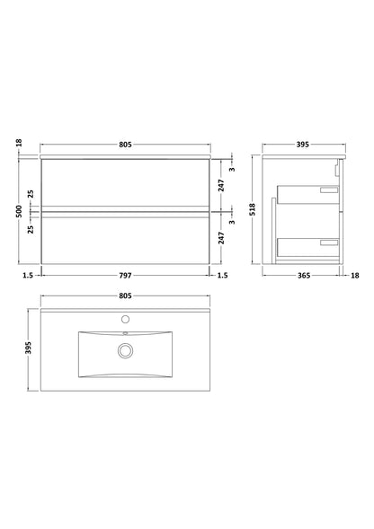 Hudson Reed Urban 805mm Satin Blue Wall Hung 2 Drawer Vanity Unit with Basin