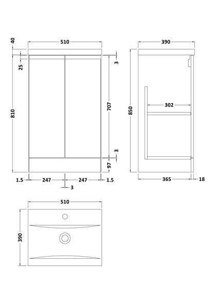 Urban Floor Standing 2 Door Vanity Unit with Mid-Edge Basin 500mm