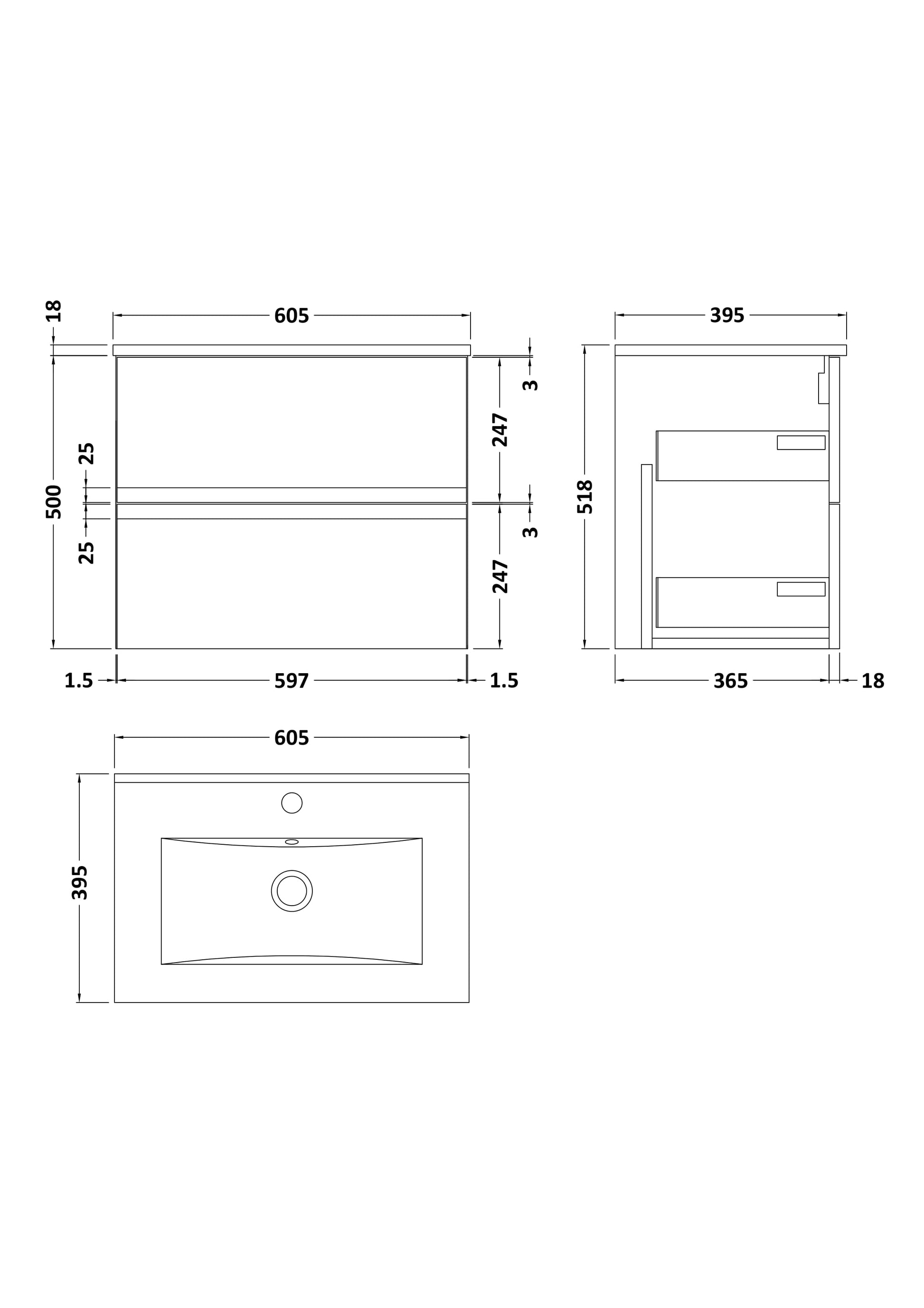 Urban 600mm Wall Hung 2-Drawer Unit and Minimalist Basin 1 Tap Hole