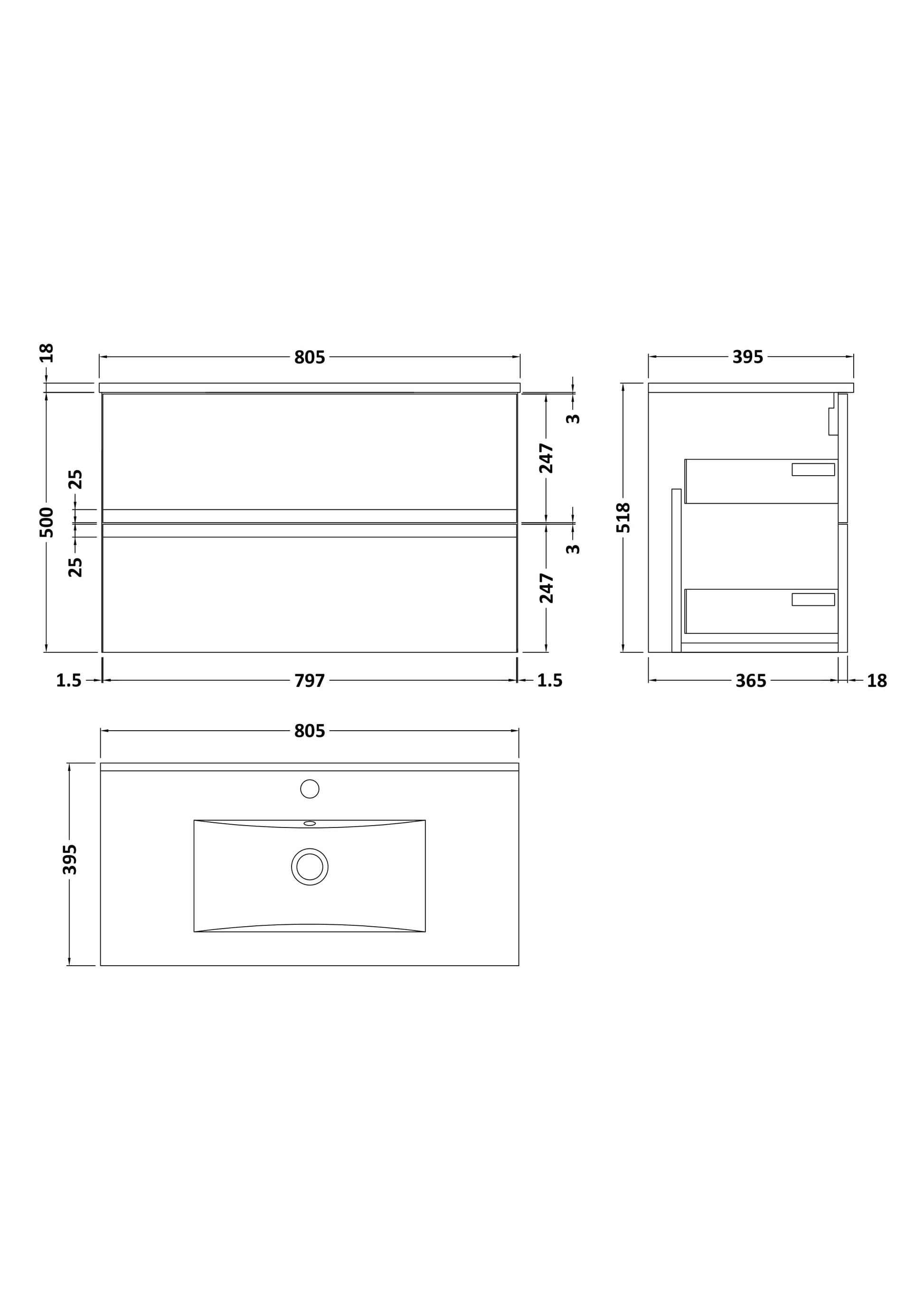 Urban 800mm Wall Hung 2-Drawer Unit and Minimalist Basin 1 Tap Hole