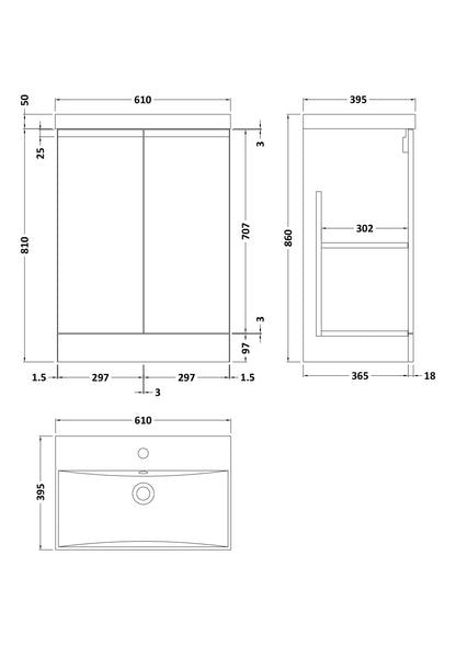 Urban 600mm Floor Standing 2-Door Unit and Thin-Edge Basin 1 Tap Hole