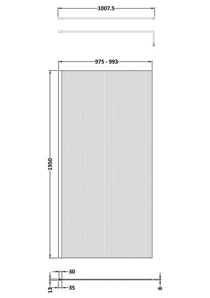 1000mm x 1950mm Fluted Wetroom Screen Inc' Bar Polished Chrome