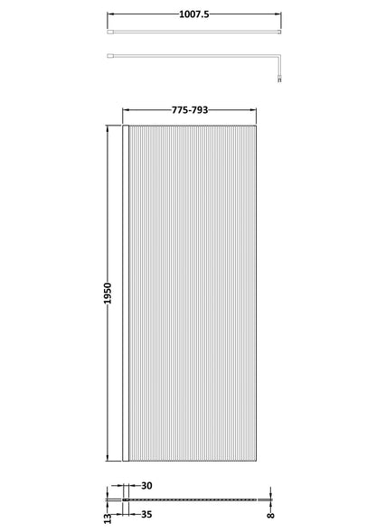 800mm Fluted Wetroom Screen with Support Bar Brushed Brass