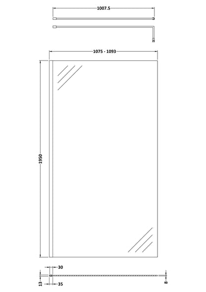 1100mm Wetroom Screen With Brass Support Bar