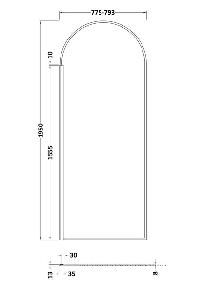800mm Arched Wetroom Screen 8mm Glass